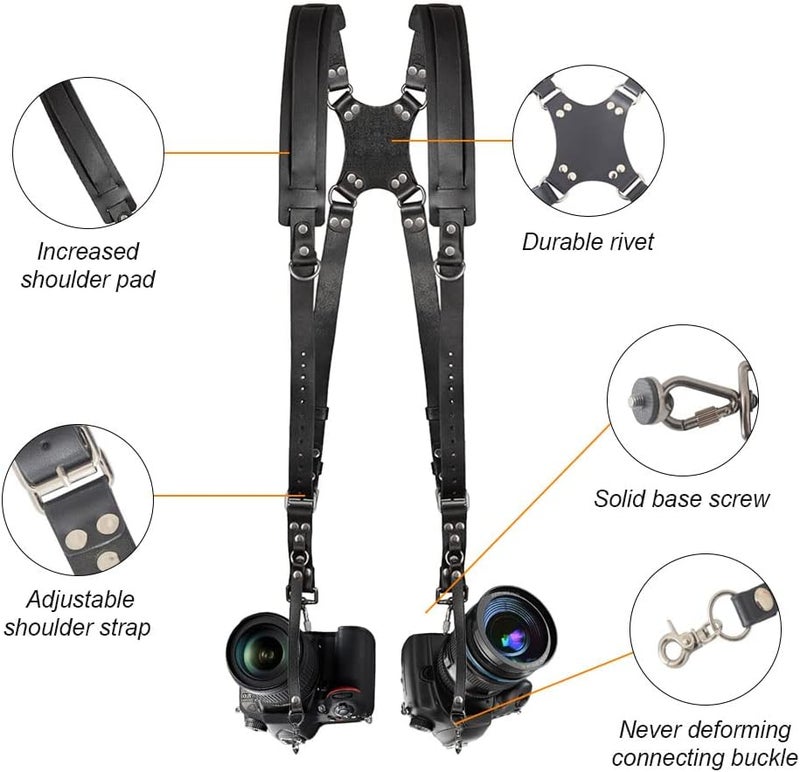 Kasla Camera Strap,Camera Straps for Photographers,Leather Dual Camera Strap for Two Two DSLR/SLR Cameras (Black) - Image 2
